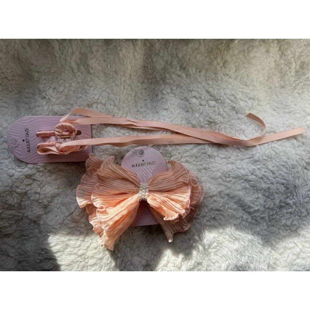 NORDSTROM 2 PC Peach Pink Hair Bow Accessories Bundle Lot Bows Barrettes NEW